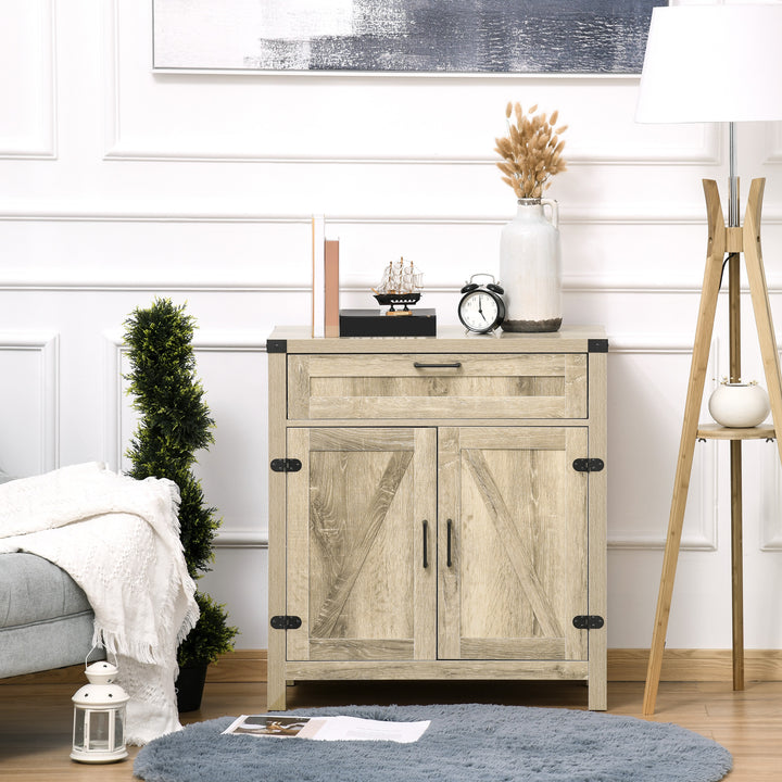 HOMCOM Farmhouse Kitchen Storage Cabinet, Sideboard Buffet Cabinet with 2 Rustic Barn Doors and Drawer, Oak