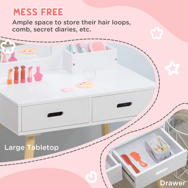 Qaba Kids Vanity Set with Mirror and Stool, Makeup Dressing Table with Drawers for Children Aged 3-6 Years, White