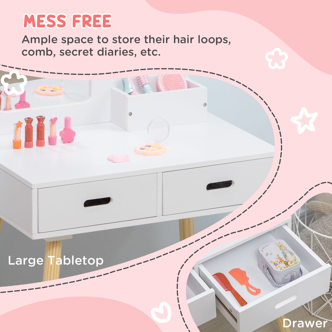 Qaba Kids Vanity Set with Mirror and Stool, Makeup Dressing Table with Drawers for Children Aged 3-6 Years, White