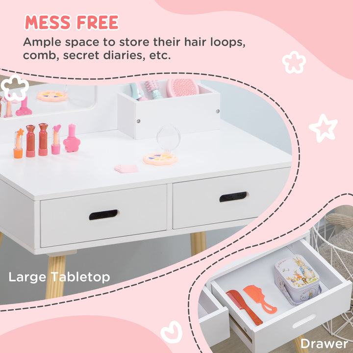 Qaba Kids Vanity Set with Mirror and Stool, Makeup Dressing Table with Drawers for Children Aged 3-6 Years, White