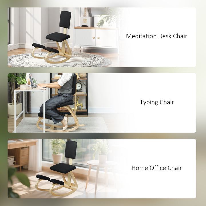 HOMCOM Ergonomic Kneeling Chair, Rocking Wood Kneel Stool with Backrest for Improve Posture, Back Pain, Grey