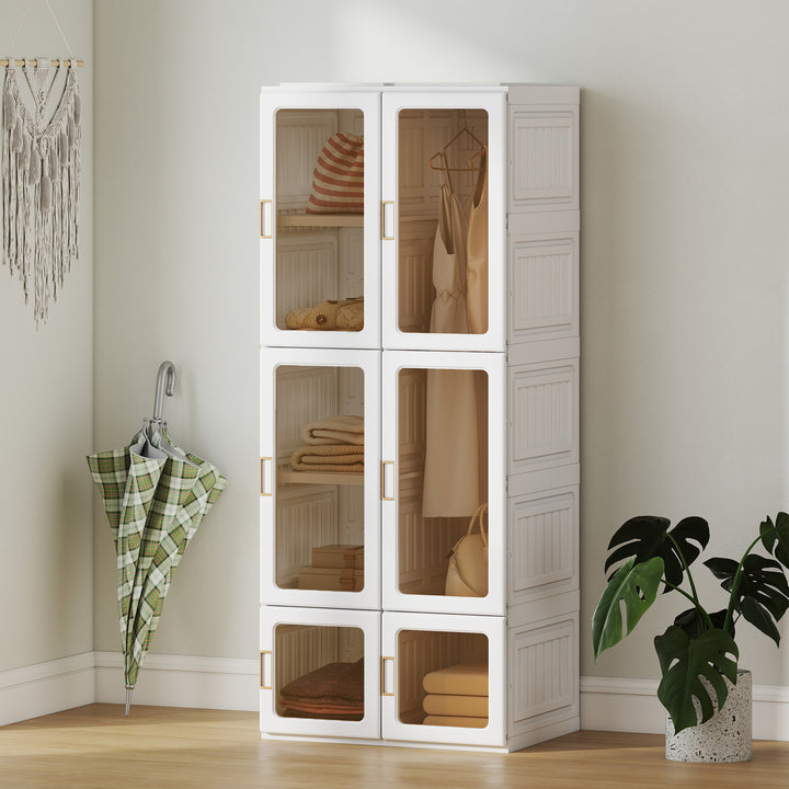 HOMCOM Portable Wardrobe, Foldable Plastic Closet with 6 Compartments, Hanging Rod and Magnetic Doors, White