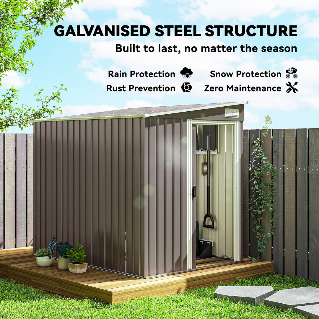 Outsunny 5x7 Garden Shed, Lean-to Metal Storage with Foundation, Sliding Door & 2 Vents for Garden Tools, White
