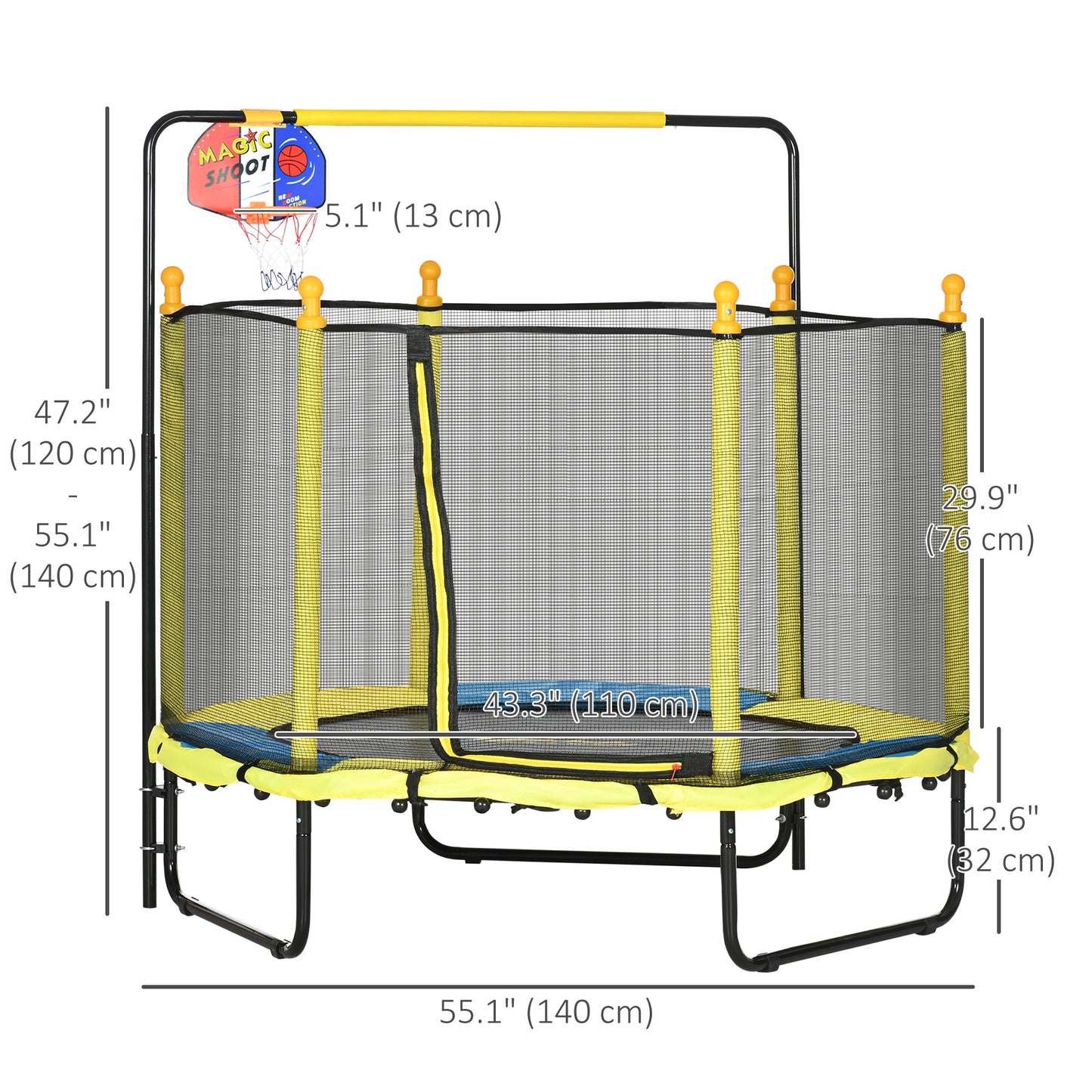 Qaba 4.6FT Trampoline for Kids with Enclosure Net for Ages 3-10, Indoor Outdoor Use, Black