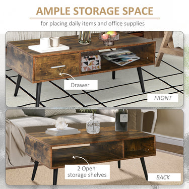 HOMCOM Retro Coffee Table with Storage Shelf and Drawer for Living Room, Vintage Wooden Sofa Side Table, Rustic Brown