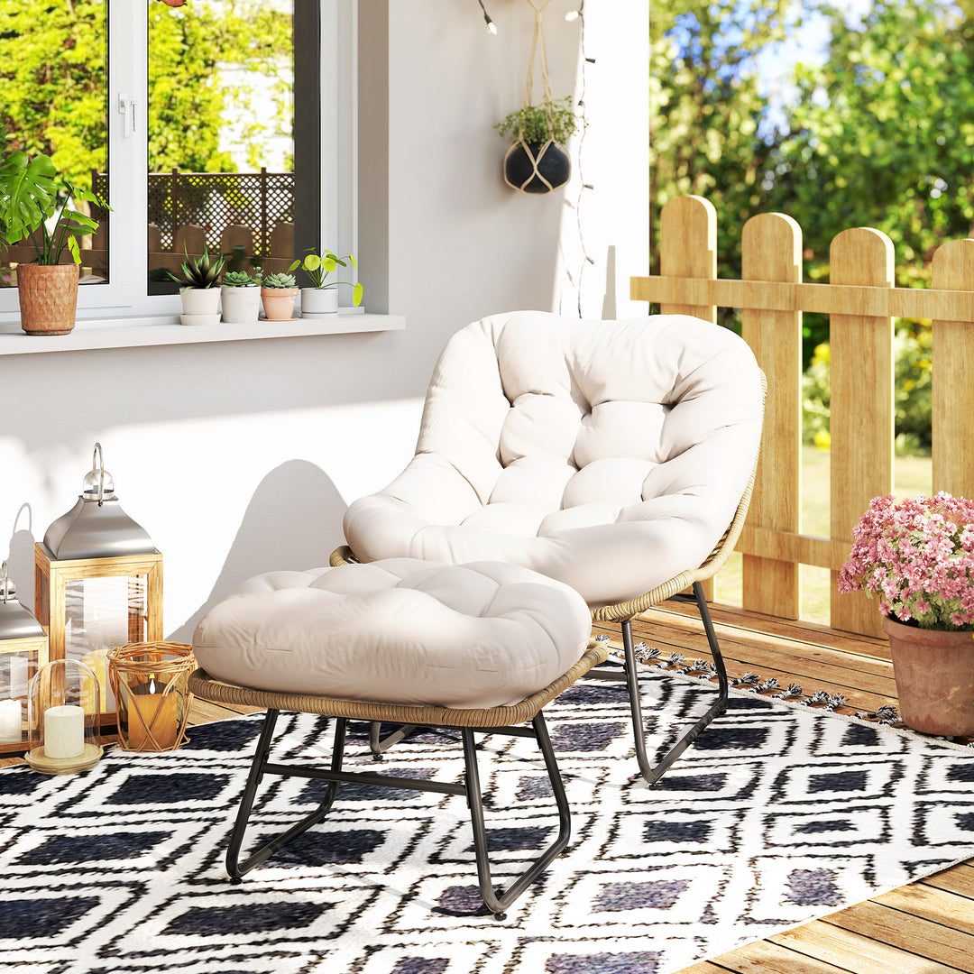 Outsunny Rattan Chair w/ Stool, Cushion, Adjustable Foot Pads, Natural