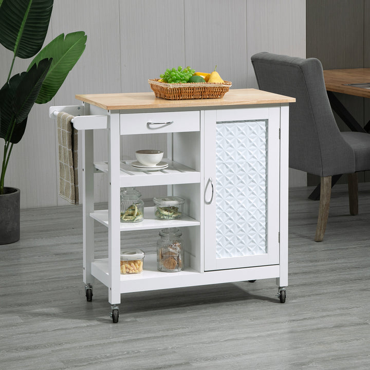 HOMCOM Kitchen Cart on Wheels with Embossed Door Panel, Utility Kitchen Island with Storage Drawer, White