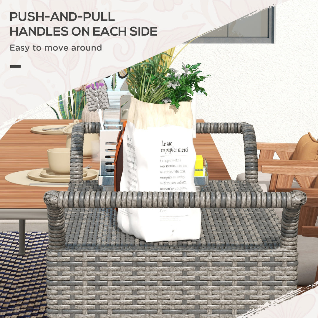 Outsunny Patio PE Wicker Garden Serving Cart with 2-Tier Shelf, Outdoor Wheeled Rattan Food Cart with Drawer, Handles, for Poolside, Garden, Mixed Grey