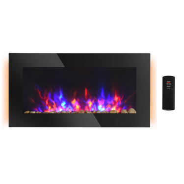 HOMCOM 36" Wall-Mounted Electric Fireplace, 750/1500W Fireplace Heater with Flame Effect, 7 Color Background Light and Side Light, Black