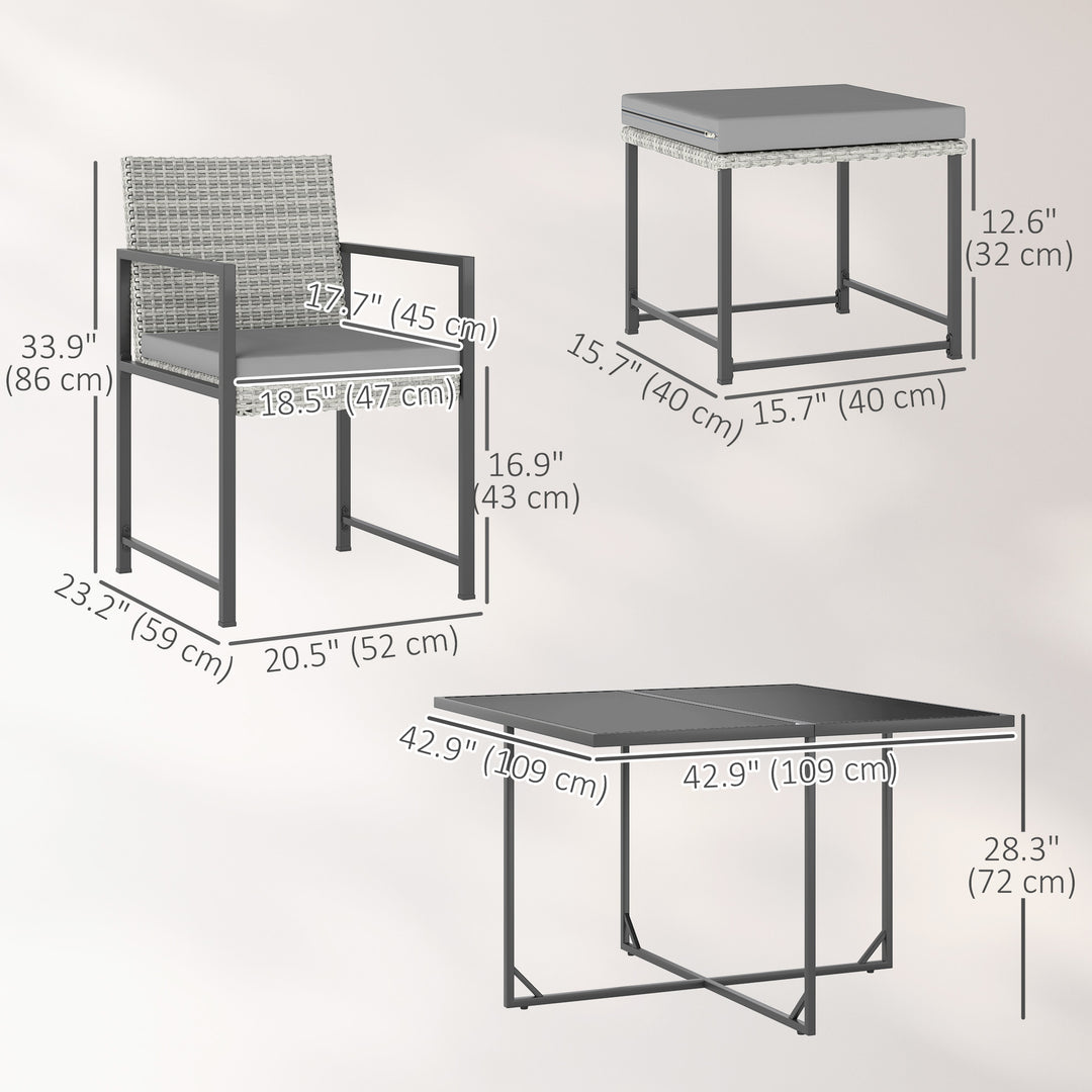 Outsunny 9 Pieces Wicker Patio Dining Set with 4 Armchairs, 4 Stools, Tempered Glass Top, Removable Cushions, Light Grey