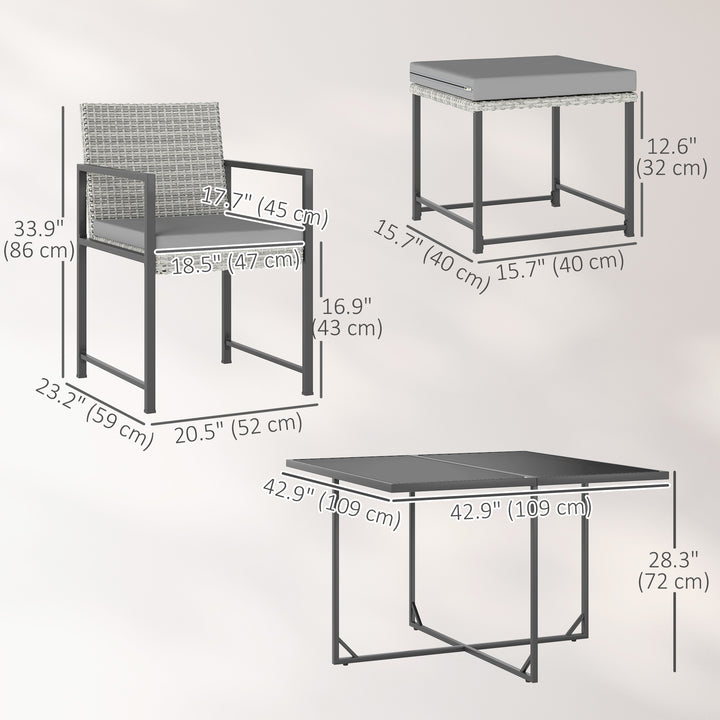 Outsunny 9 Pieces Wicker Patio Dining Set with 4 Armchairs, 4 Stools, Tempered Glass Top, Removable Cushions, Light Grey