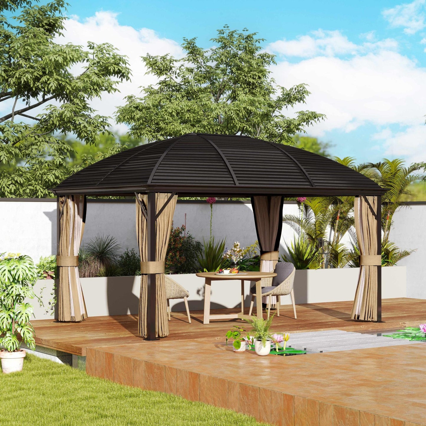 Outsunny 10' x 13' Hardtop Gazebo Aluminum Outdoor Canopy with Mesh Nettings, Curtains, Brown