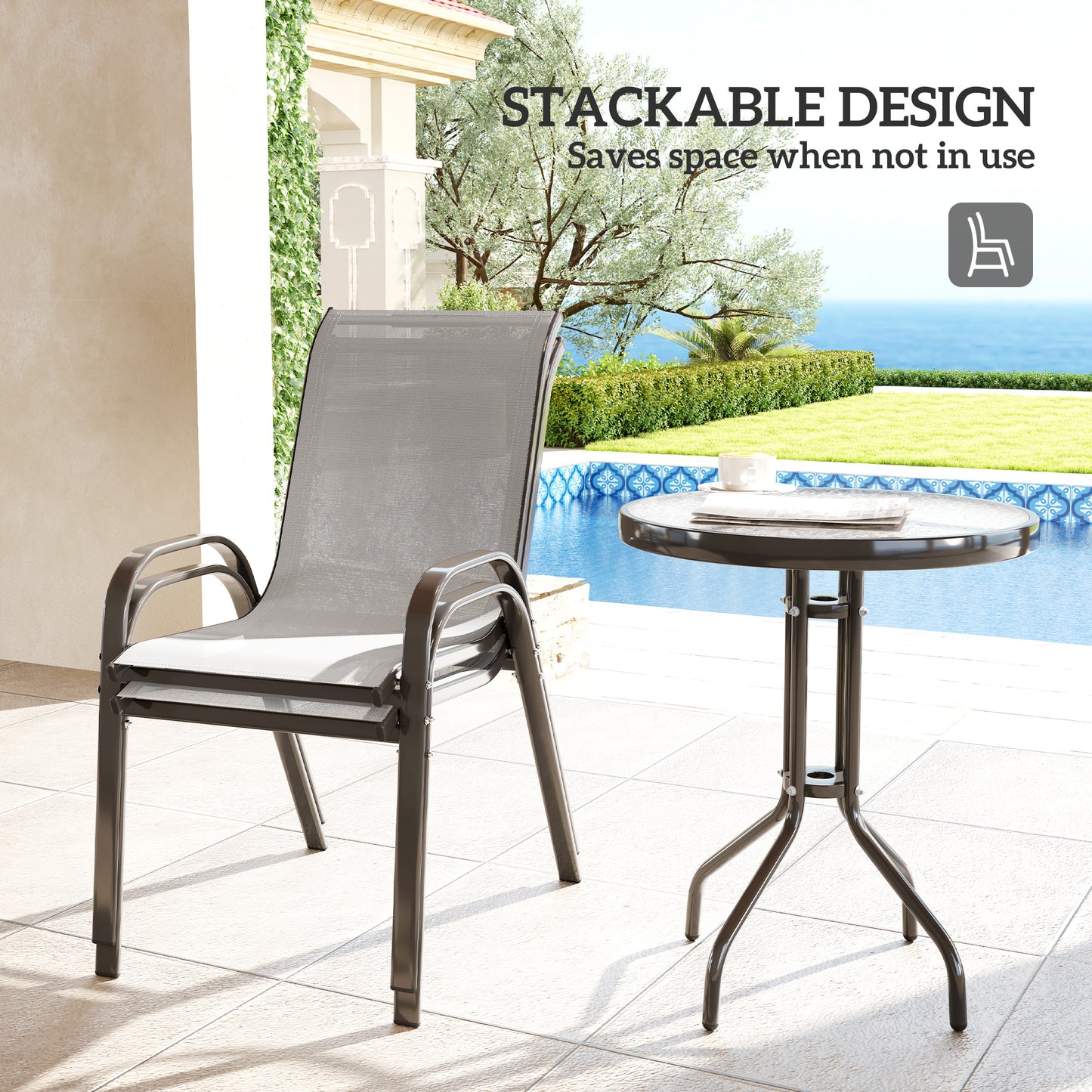 Outsunny 3 Pieces Bistro Set, Small Patio Furniture Set with Stackable Mesh Chairs, Glass Table for Garden, Balcony, Black
