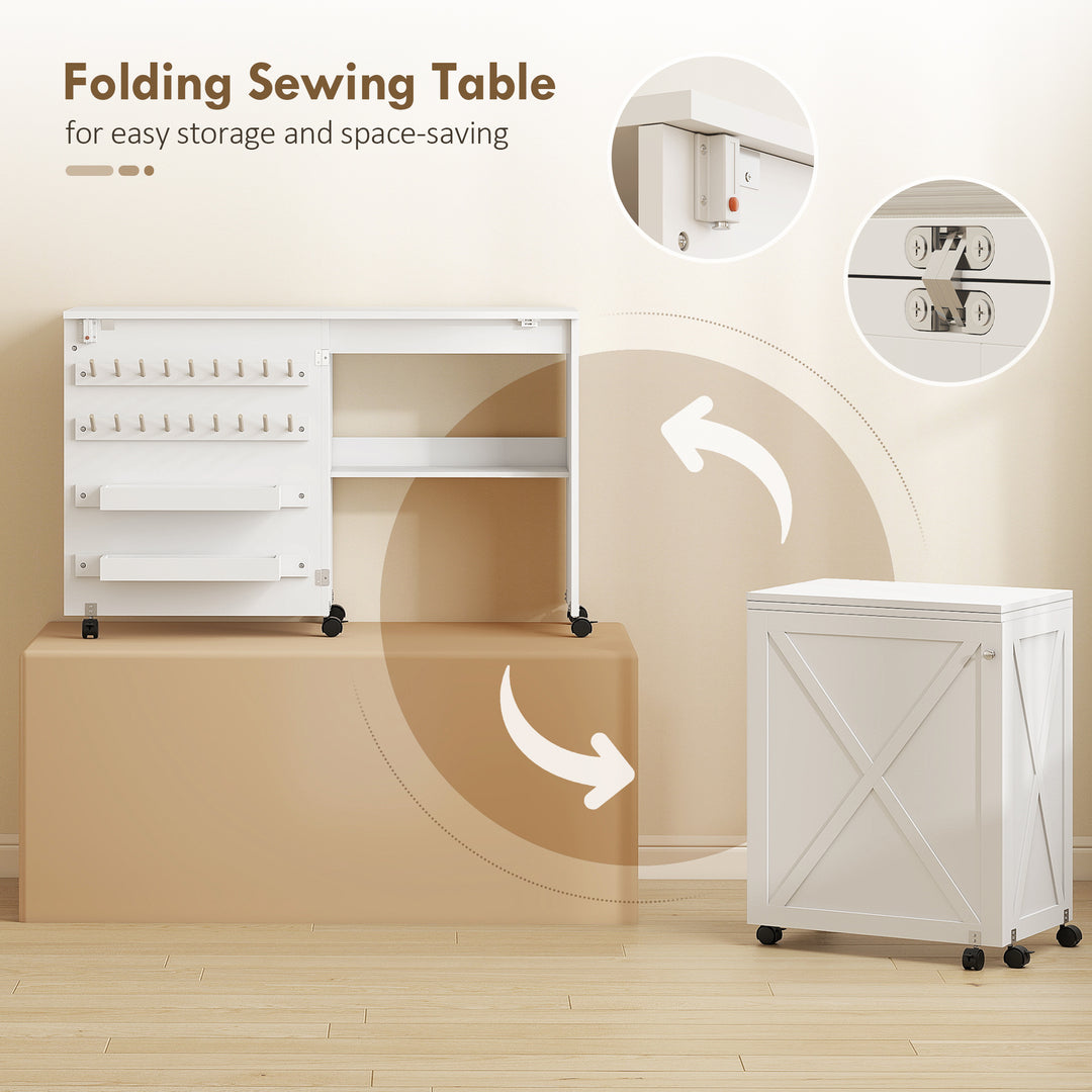 HOMCOM Sewing Machine Table on Wheels, Folding Craft Table with 2 Bins, Storage Shelf, 18 Pegs, Lockable Wheels, Brown