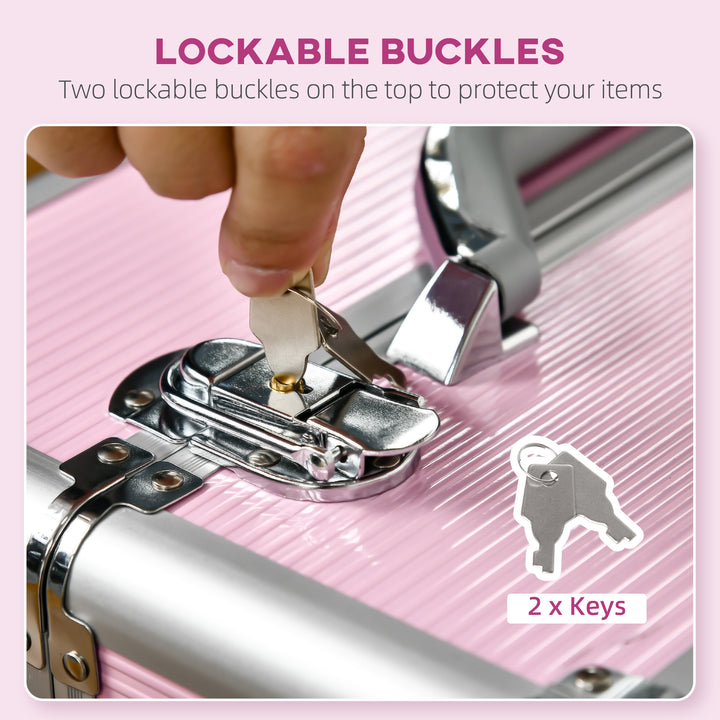 HOMCOM Rolling Makeup Case, Large Storage Cosmetic Trolley, Lockable Traveling Cart Trunk with Folding Trays, Swivel Wheels