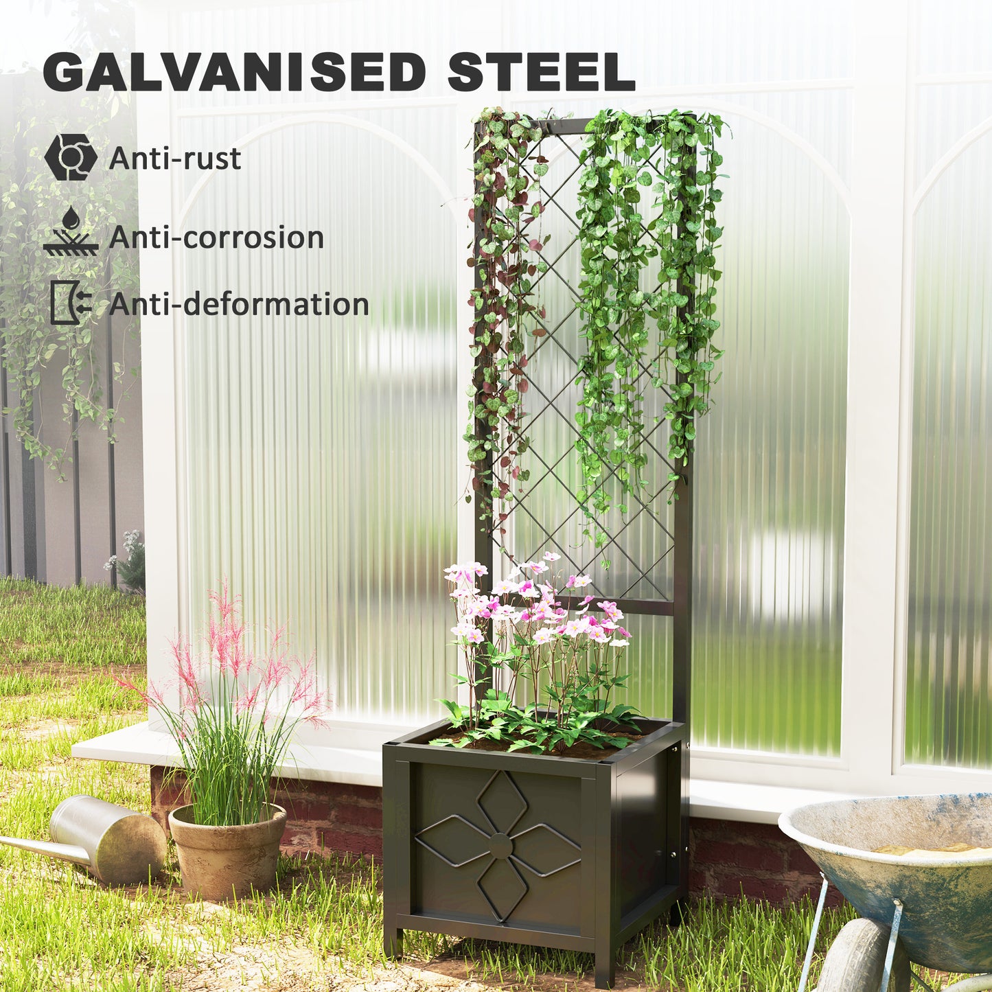 Outsunny Galvanized Raised Garden Bed with Trellis, Metal Planter Box with Drainage Holes for Climbing Plants, Vegetable, Vines