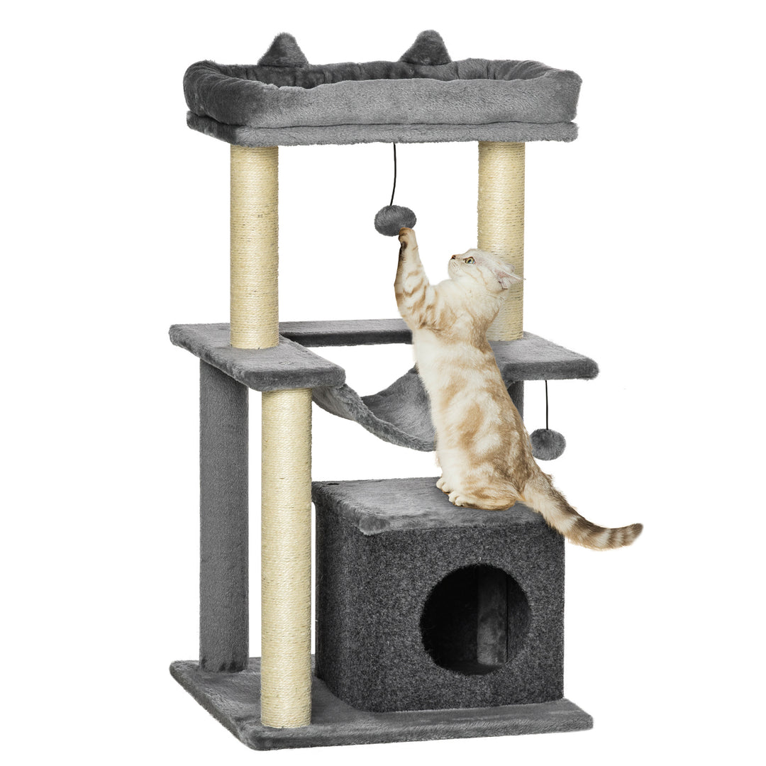 PawHut 39.25'' Cat Tree Tower Multi-Level Kitten House with Scratching Post Condo Hammock Bed Ball Toy - Grey