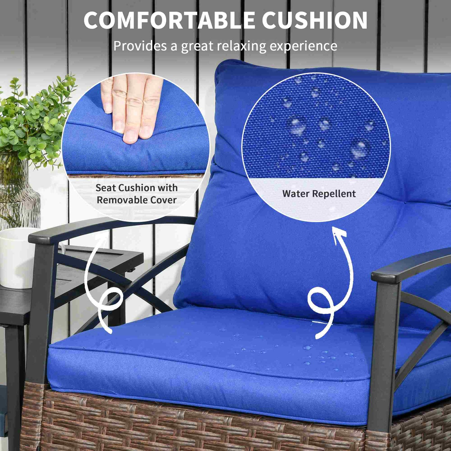 Outsunny 3 Pcs Outdoor PE Rattan Rocking Chair Set, Bistro Set with Two-tier Table, Padded Cushions for Garden, Dark Blue