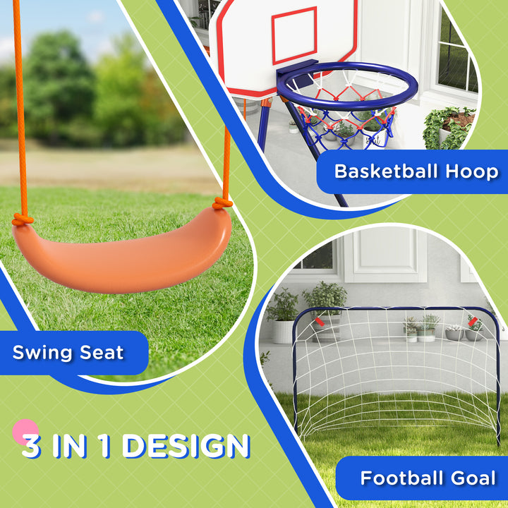 Outsunny Kids Swing Outdoor with Swing Seat, Basketball Hoop and Football Goal, Ground Stakes for 3-8 Years Old