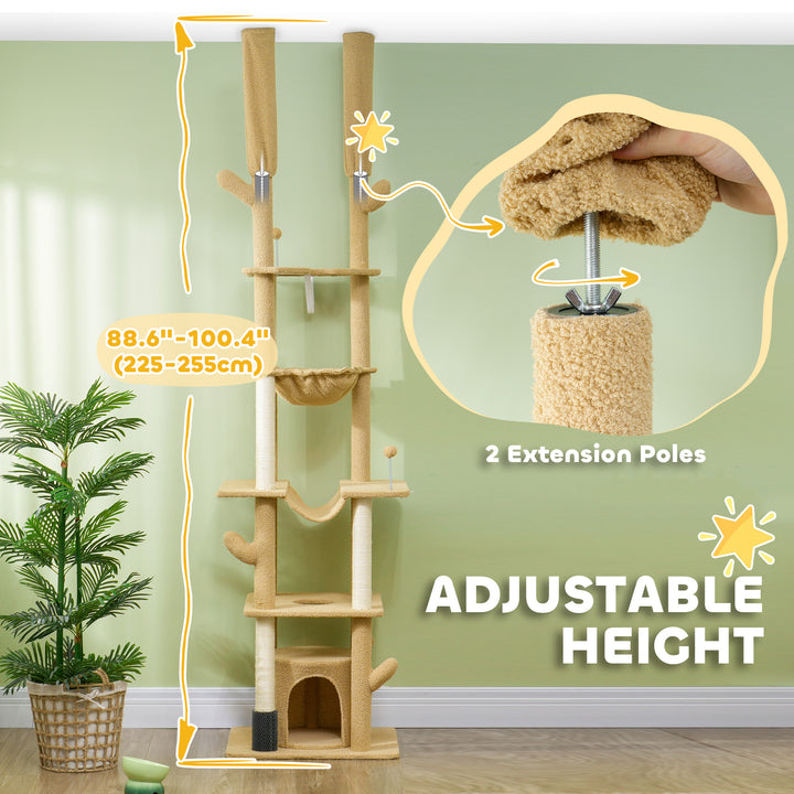 PawHut 89"-100" Floor to Ceiling Cat Tree Cat Tower for Large Cats w/ Scratching Posts, Grooming Brush Post, Cat Condo, Green