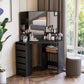 HOMCOM Corner Vanity Desk with Mirror, Makeup Vanity Table with 5 Drawers and Open Shelves, Dressing Table with 3-piece Mirror for Bedroom, Black