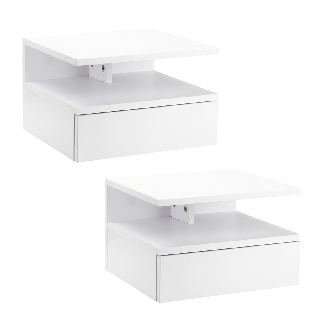 HOMCOM Floating Nightstand Set of 2, Wall Mounted Bedside Table with Drawer and Shelf, Small Night Stand for Bedroom, White