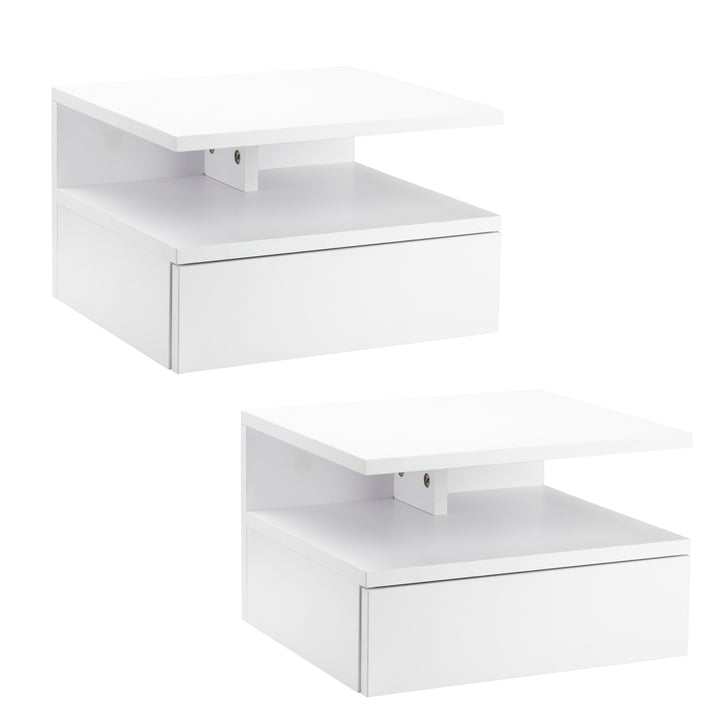 HOMCOM Floating Nightstand Set of 2, Wall Mounted Bedside Table with Drawer and Shelf, Small Night Stand for Bedroom, White