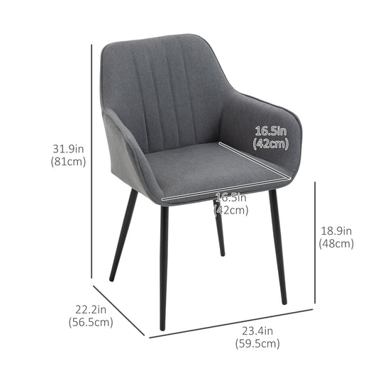 HOMCOM Dining Chairs Set of 2, Linen Upholstery Accent Chair with Back, Armrest, Metal Legs, Dark Grey