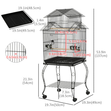 PawHut 53.9'' Large Rolling Steel Bird Cage Bird House with Detachable Rolling Stand, Storage Shelf, Wood Perch, Food Container, Black
