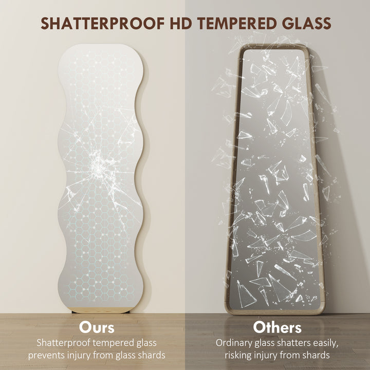 HOMCOM 64" x 21" Full Length Mirror, Irregular Wavy Frameless Full Body Mirror with Pine Wood Base for Bedroom, Black