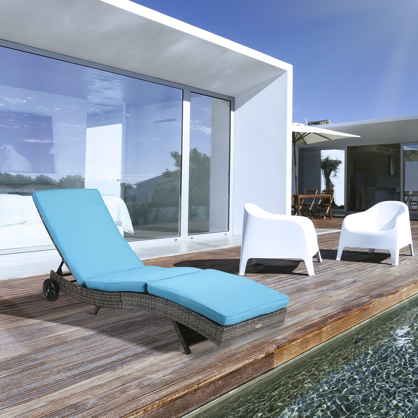 Outsunny Outdoor Adjustable Wicker Chaise Lounge Chair with Cushion & Wheels for Patio, Deck, Poolside, Sky Blue