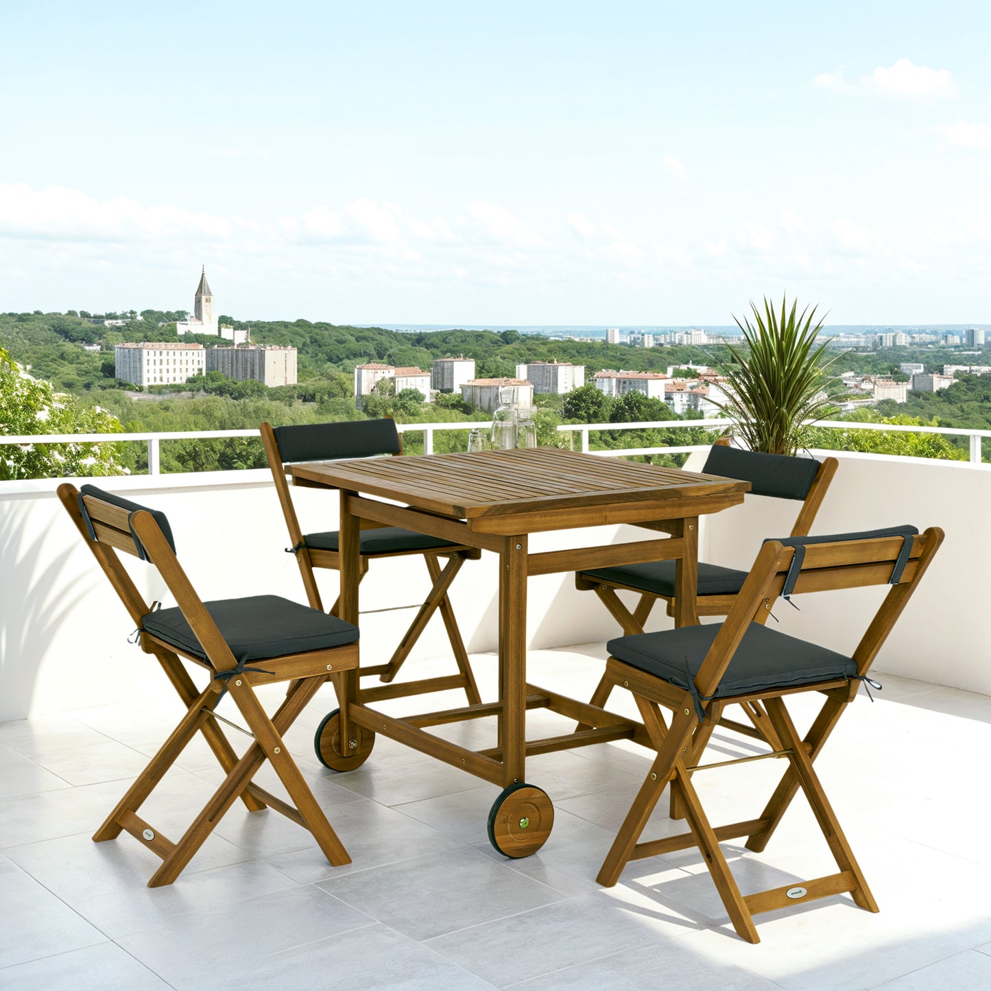 Outsunny 5 Pieces Wood Patio Dining Set, Wheeled Patio Table and Folding Chairs with Cushions for Garden Backyard Poolside, Teak