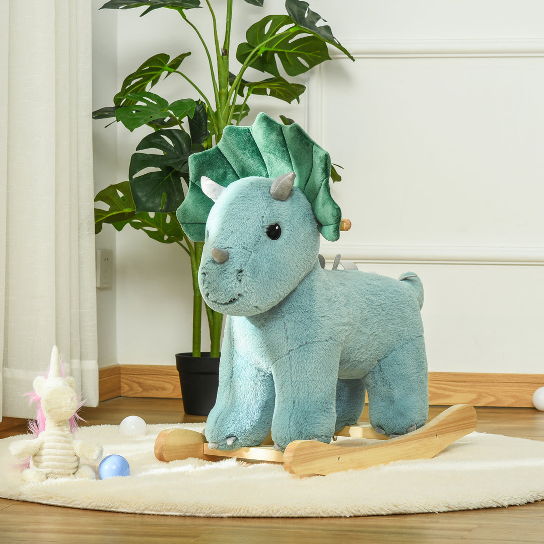 Qaba Kids Plush Ride-On Rocking Horse Triceratops-shaped Plush Toy Rocker with Realistic Sounds for Child 36-72 Months Dark Green