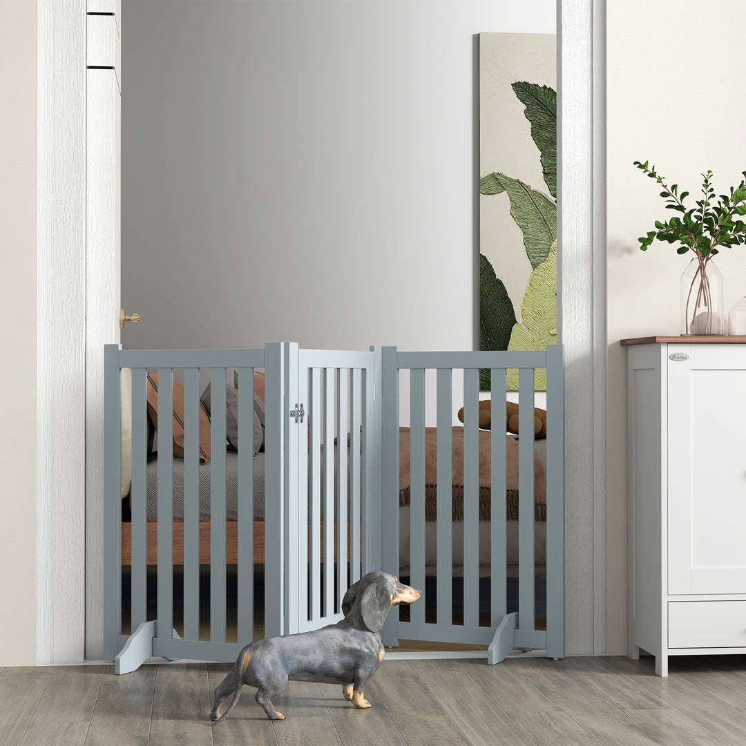 PawHut 31.5"H Foldable Dog Gate with Door, 3 Panels Freestanding Pet Gate Barriers Indoor with Support Feet, Puppy Fence for Small Medium Dogs, White