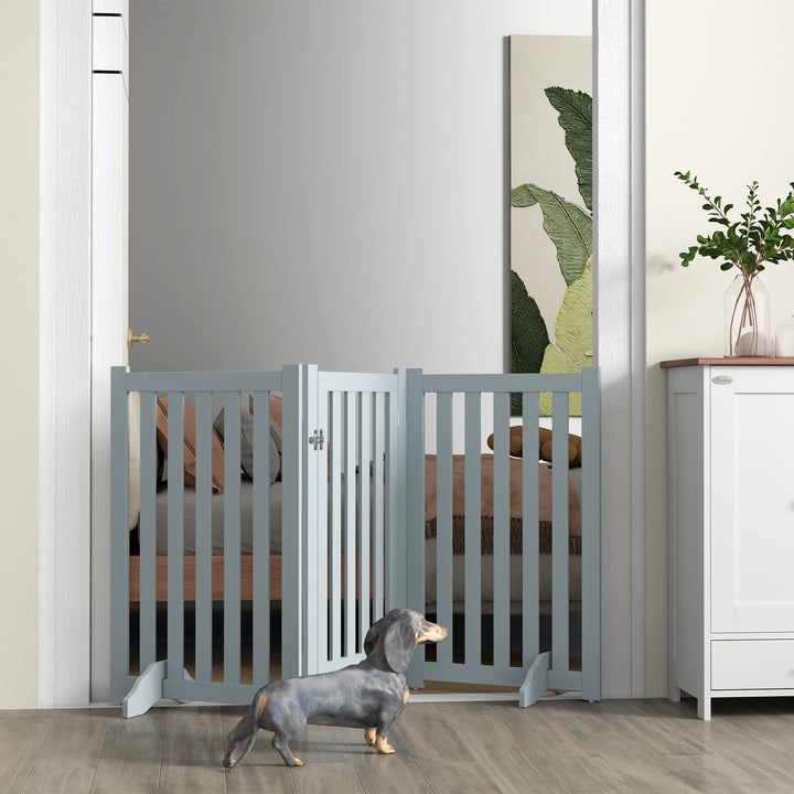 PawHut 31.5"H Foldable Dog Gate with Door, 3 Panels Freestanding Pet Gate Barriers Indoor with Support Feet, Puppy Fence for Small Medium Dogs, White