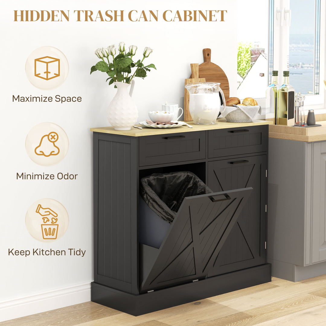 HOMCOM 10 Gallon Hidden Garbage Bin Cabinet, Tilt Out Trash Cabinet w/ 2 Drawers, Freestanding Kitchen Island, Black