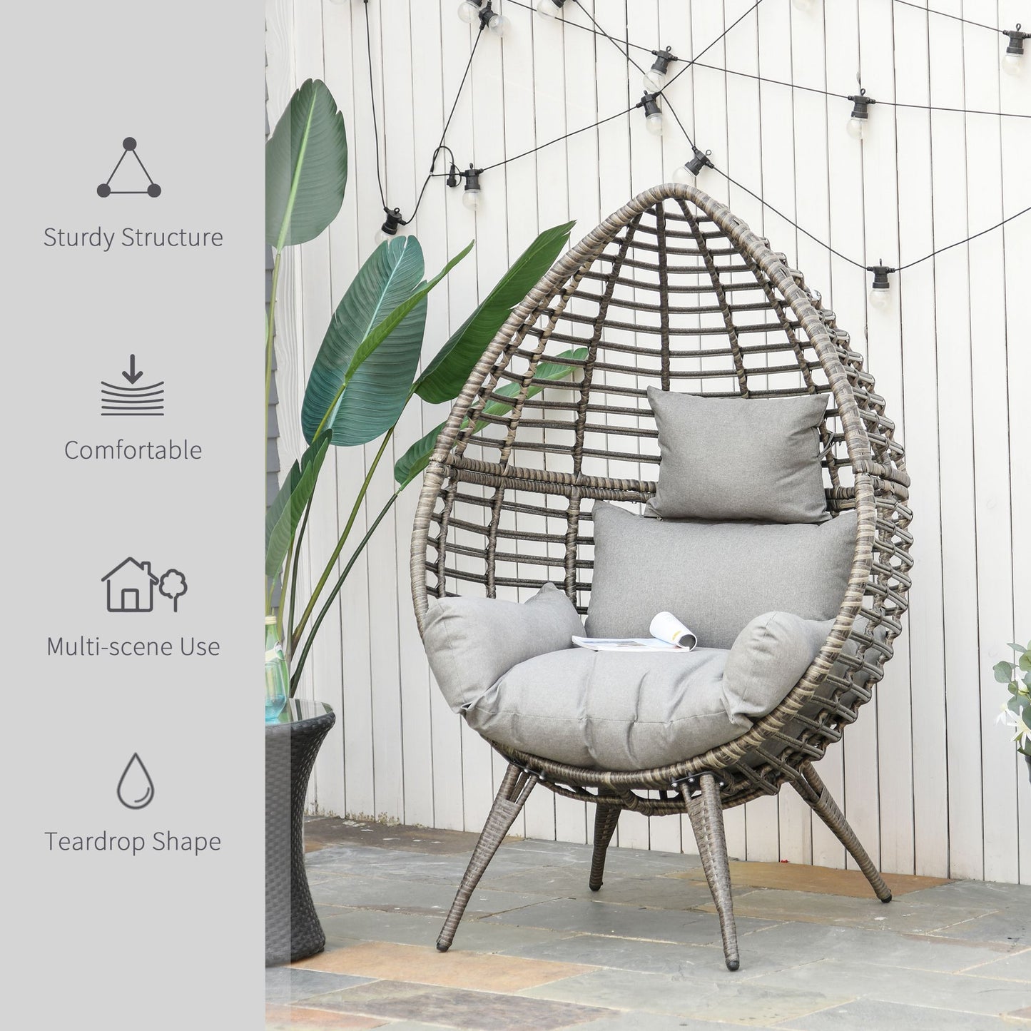 Outsunny Wicker Egg Chair with Trapezoidal Cushion 352lbs Capacity Rattan Egg Chair for Backyard Garden Coffee Brown