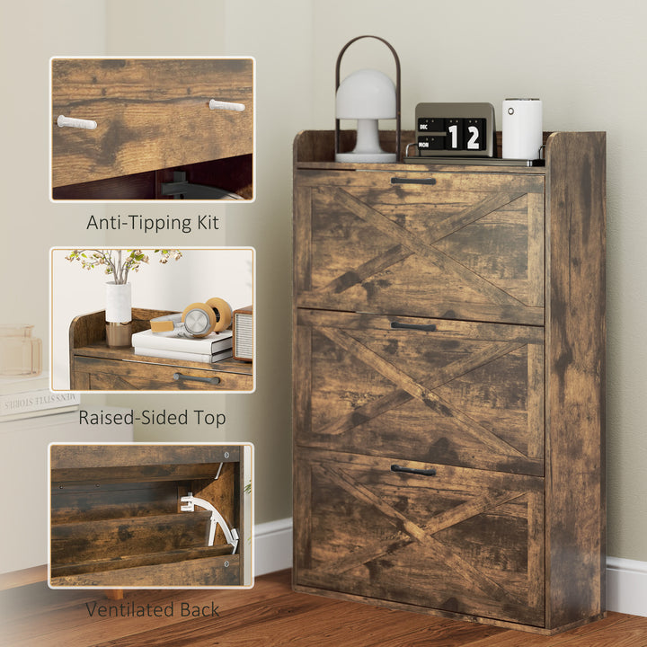 HOMCOM Narrow Shoe Storage Cabinet Farmhouse Shoe Cabinet with 3 Flip Drawers Adjustable Shelves for Entryway White Oak