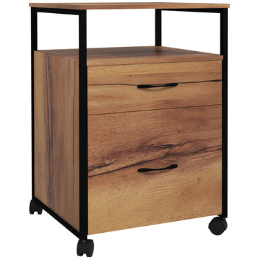 Vinsetto Vertical Filing Cabinet with Wheels, 26.2" Tall File Cabinet with 2 Drawers, Open Shelf, Hanging Bars for Letter and A4 Size, Industrial Printer Stand, Rustic Brown