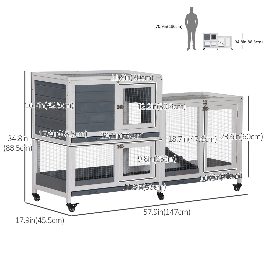 PawHut Wooden Rabbit Hutch Elevated Pet House Bunny Cage Small Animal Habitat with Slide-out Tray Lockable Door Openable Top for Indoor 58" x 18" x 35" Grey