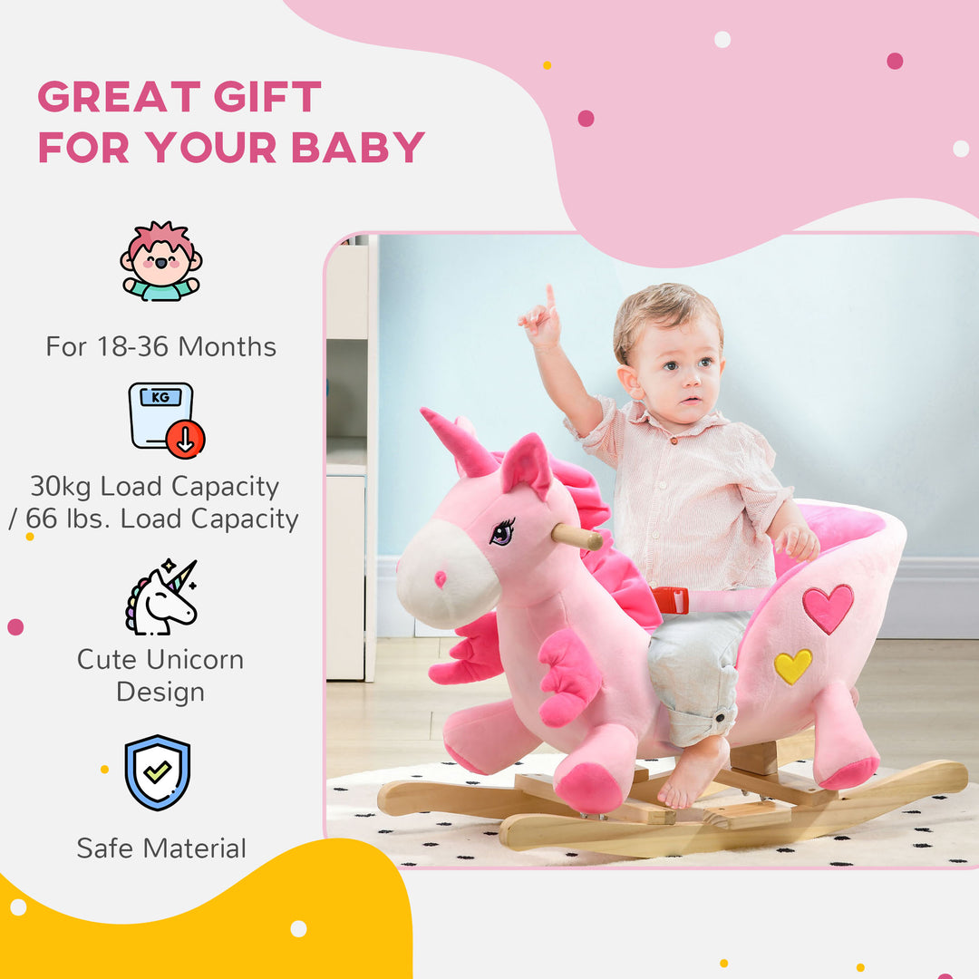 Qaba Baby Rocking Horse Ride On Unicorn with Songs, Toddler Rocker Toy with Wooden Base Seat Safety Belt for 1.5-3 Year Old, Pink