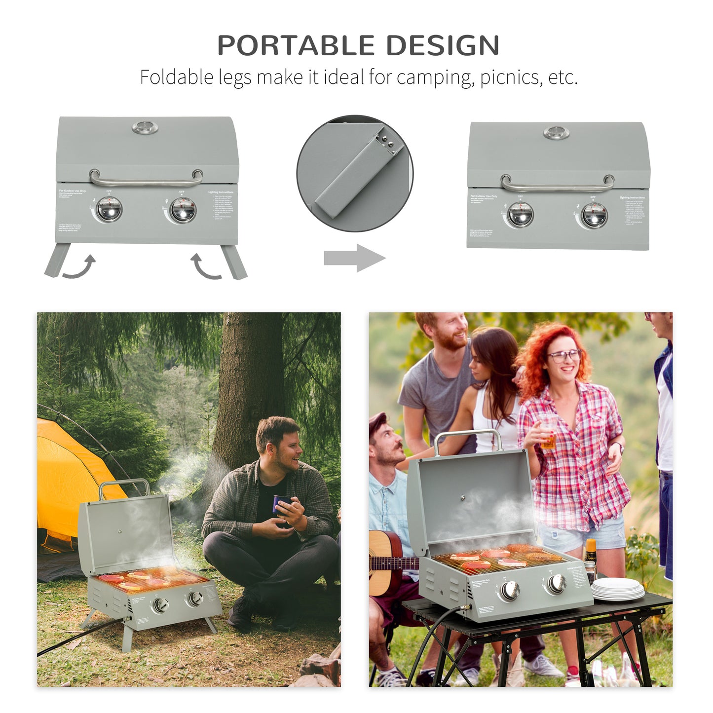 Outsunny 2 Burner Propane Gas Grill, Portable Tabletop BBQ with Foldable Legs, Lid, for Camping, Picnic, Silver