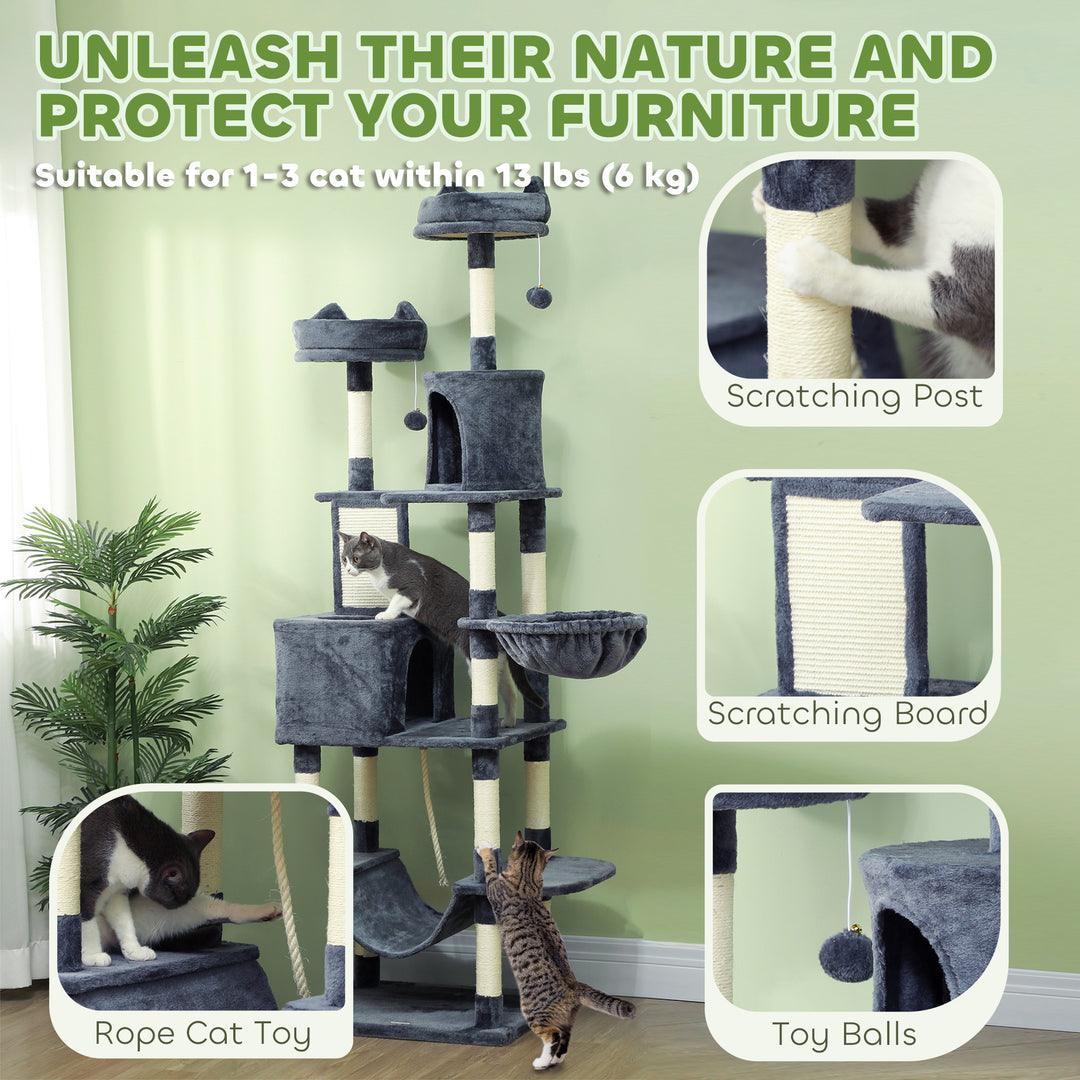 PawHut 81" Large Cat Tree w/ Scratching Posts, Condos, Beds, Hammocks, Jumping Platforms, Toy Balls, Rope Cat Toy, Dark Grey