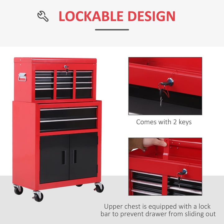 HOMCOM 6-Drawer Rolling Tool Chest, 2 in 1 Lockable Storage Cabinet with Hooks, Metal Tool Box for Garage, Workshop, Red