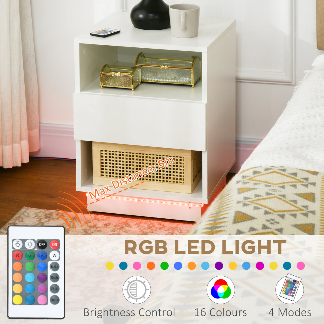 HOMCOM LED Nightstand, Bedside Table with LED Lights, Drawer, 2 Shelves, Remote, Side Table for Living Room, Bedroom