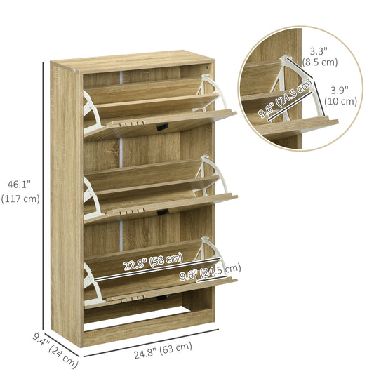 HOMCOM Shoe Storage Cabinet Organizer for 18 Pairs of Shoes with 3 Flip Drawers and Adjustable Shelves, Oak