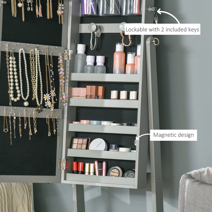 HOMCOM Lockable Jewellery Armoire with LED Light, Standing Mirror with Storage for Bedroom Dressing Room, Grey