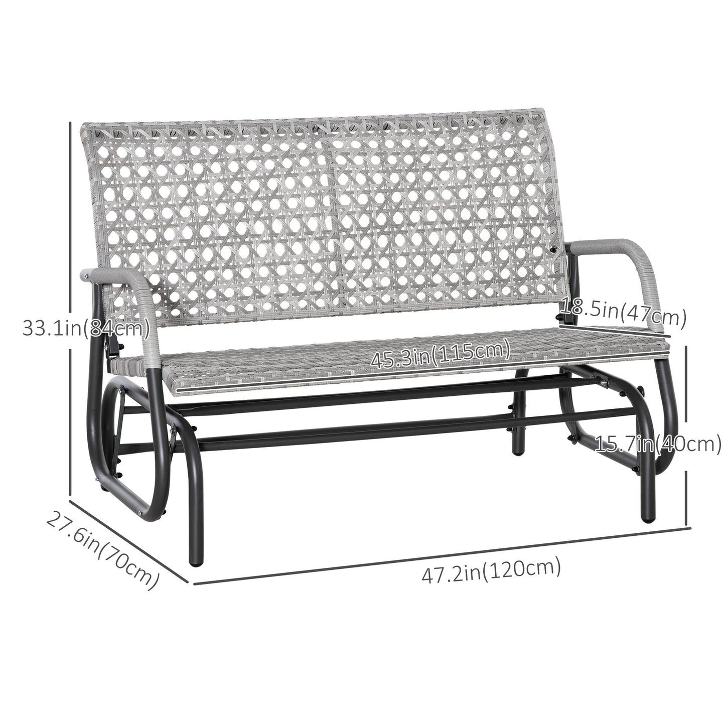 Outsunny 2 Seater Wicker Outdoor Glider Bench, Patio Swing Garden Bench, Garden Loveseat Rocking Chair, w/ Extra Wide Seat, Curved Backrest for Backyard, Poolside, Lawn, Mixed Grey