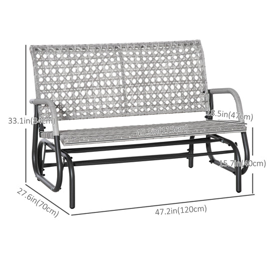 Outsunny 2 Seater Wicker Outdoor Glider Bench, Patio Swing Garden Bench, Garden Loveseat Rocking Chair, w/ Extra Wide Seat, Curved Backrest for Backyard, Poolside, Lawn, Mixed Grey