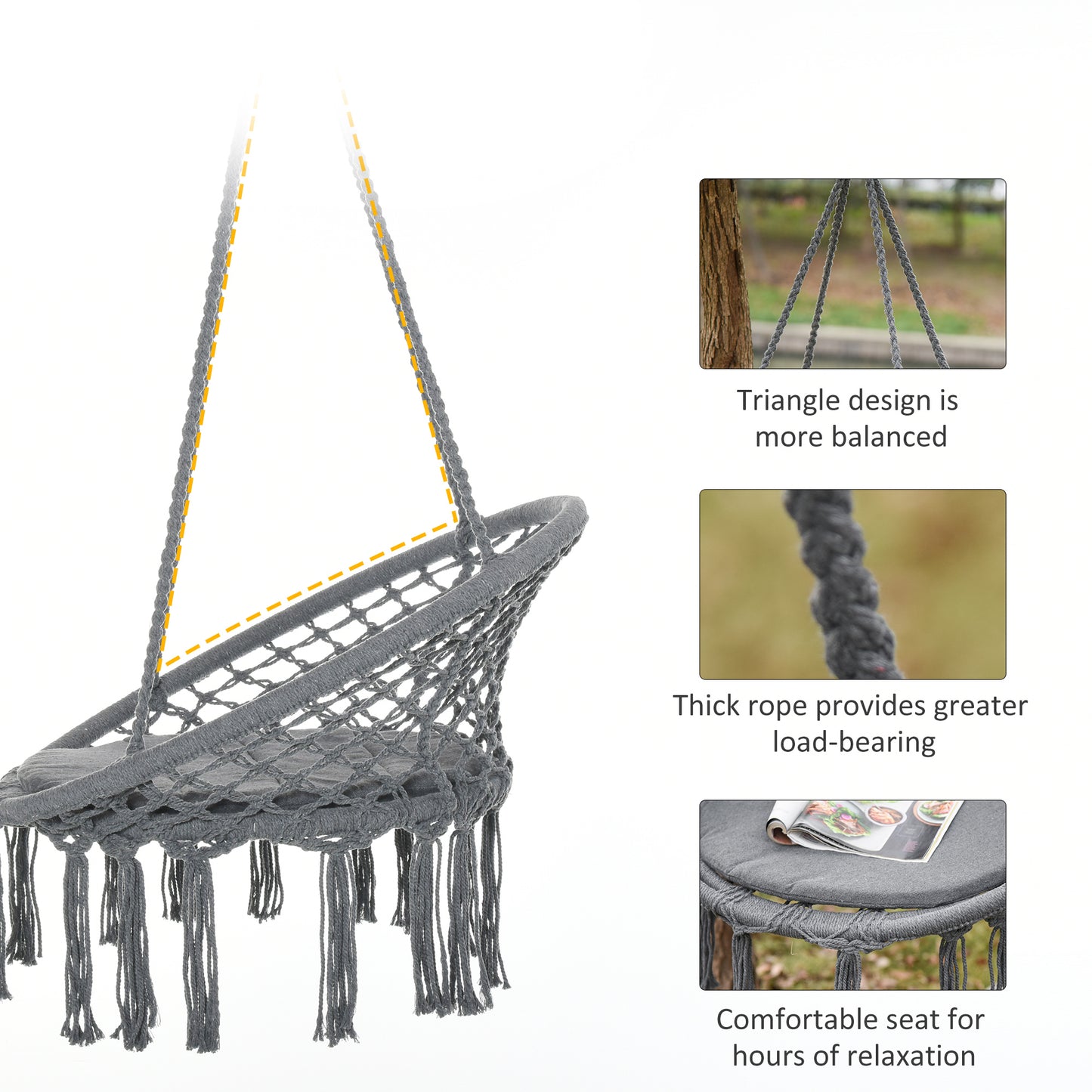 Outsunny Patio Hammock Chair, Hanging Rope Hammock Swing for Indoor & Outdoor Use with Backrest, Cotton-Polyester Blend, Fringe Tassels, Dark Grey